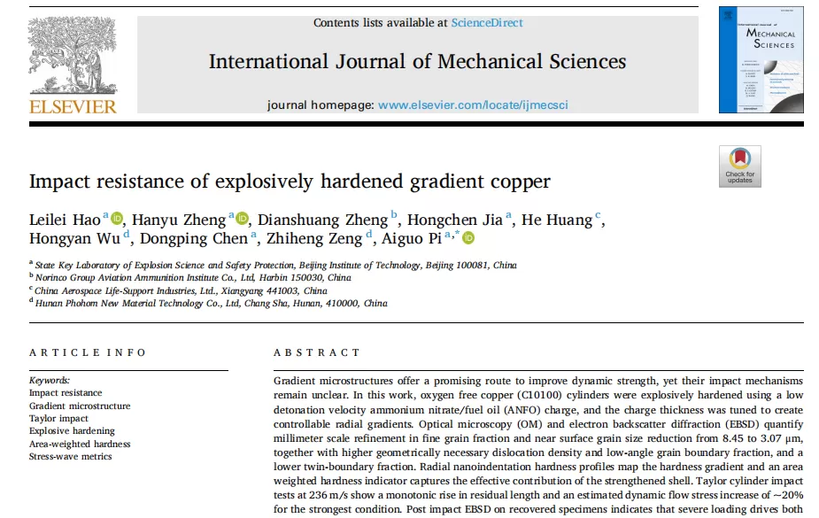 PHOHOM Collaborates with BIT to Publish Research on Impact Resistance of Explosively Hardened Gradient Copper in Top International Journal IJMS